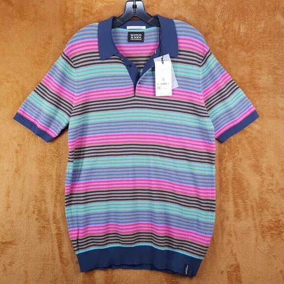 SCOTCH & SODA Polo Shirt Mens Medium Navy Stripe Pullover Cotton Knit $138 - Picture 2 of 9
